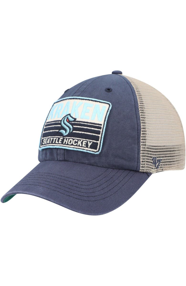 '47 Men's '47 Deep Sea Blue/Natural Seattle Kraken Four Stroke Clean Up Snapback Hat, Main, color, Navy