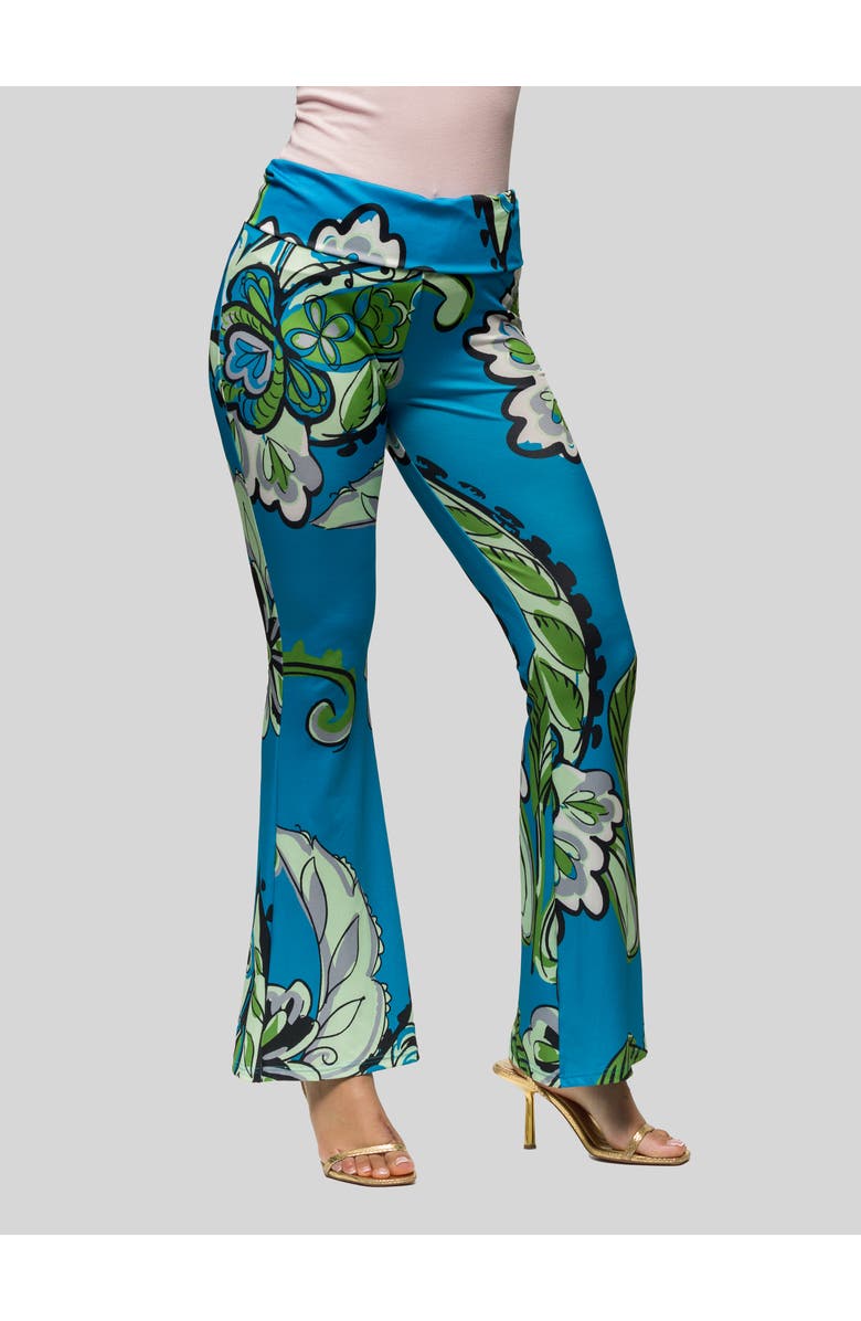 24seven Comfort Apparel Teal Paisley Print Bell Bottom Foldover Waist Pants, Alternate, color, Blue Multi