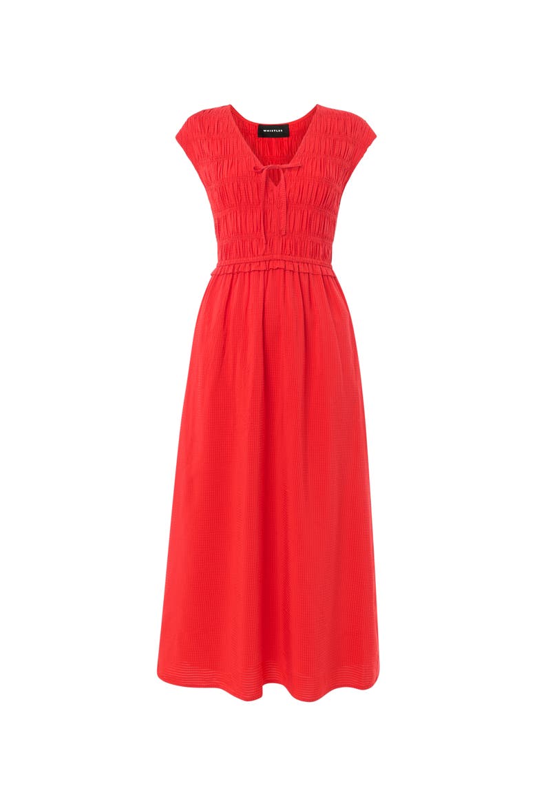 Shirred Bodice V-Neck Midi Dress, Alternate, color, Red