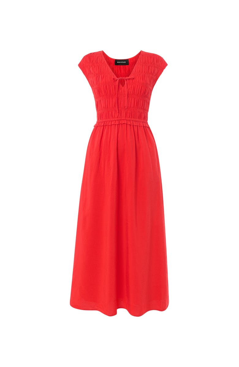 Whistles Shirred Bodice V-Neck Midi Dress, Alternate, color, Red