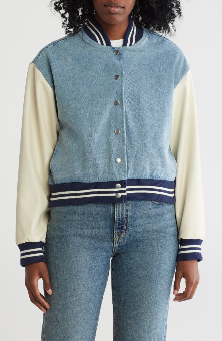 Steve Madden Faux Leather & Denim Varsity Jacket, Main, color, 