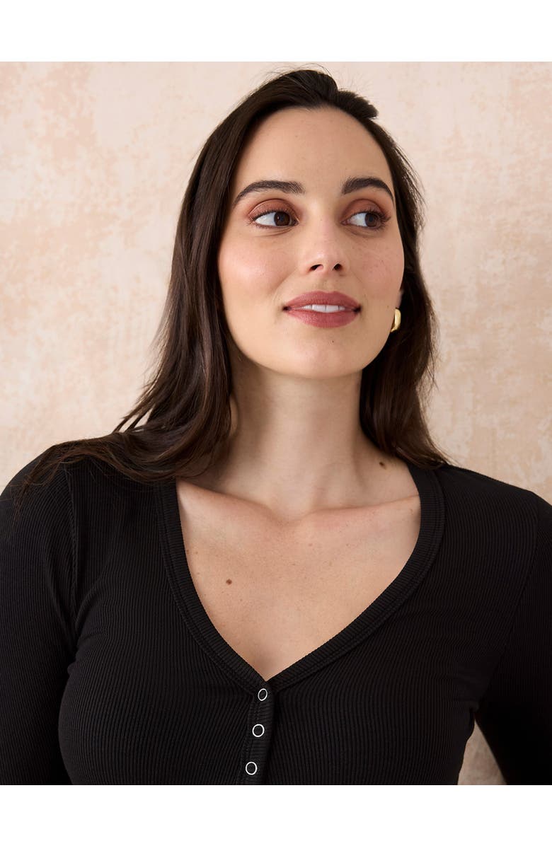 MOTHERHOOD MATERNITY V-Neck Side-Ruched Long Sleeve Henley Tee, Alternate, color, Black