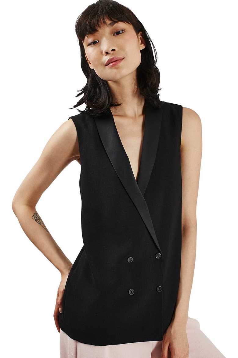 Sleeveless Double Breasted Slouch Jacket, Alternate, color, BLACK