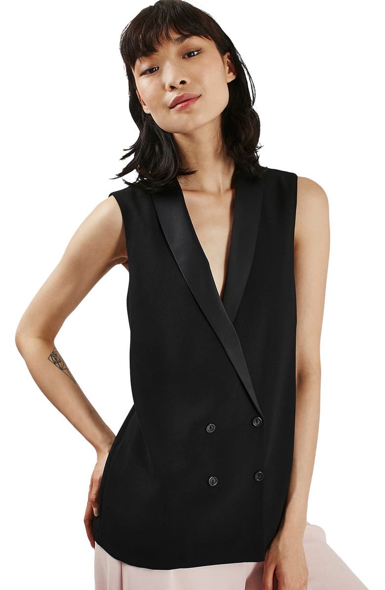 Topshop Sleeveless Double Breasted Slouch Jacket, Alternate, color, Black