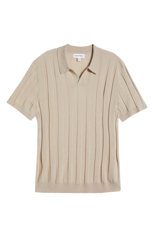 Nordstrom Rib Short Sleeve Merino Wool & Silk Johnny Collar Sweater In Brown