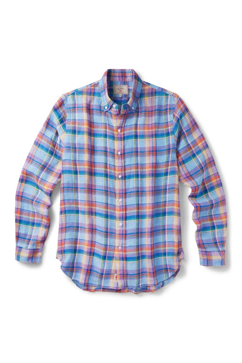 Croyland Madras Button-Down Linen Shirt, Alternate, color, Bright Blue Check
