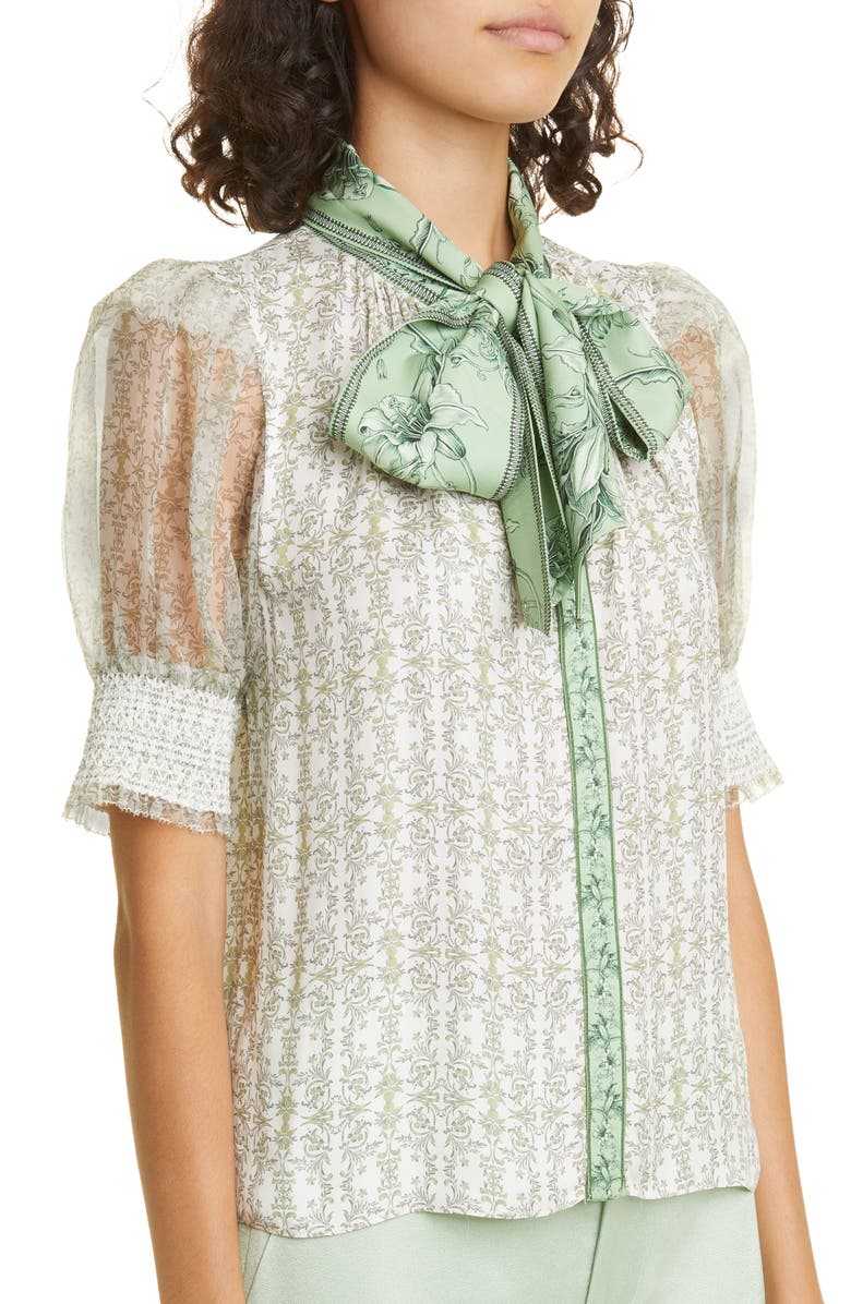 Alice + Olivia Brentley Tie Neck Puff Sleeve Blouse, Alternate, color, 