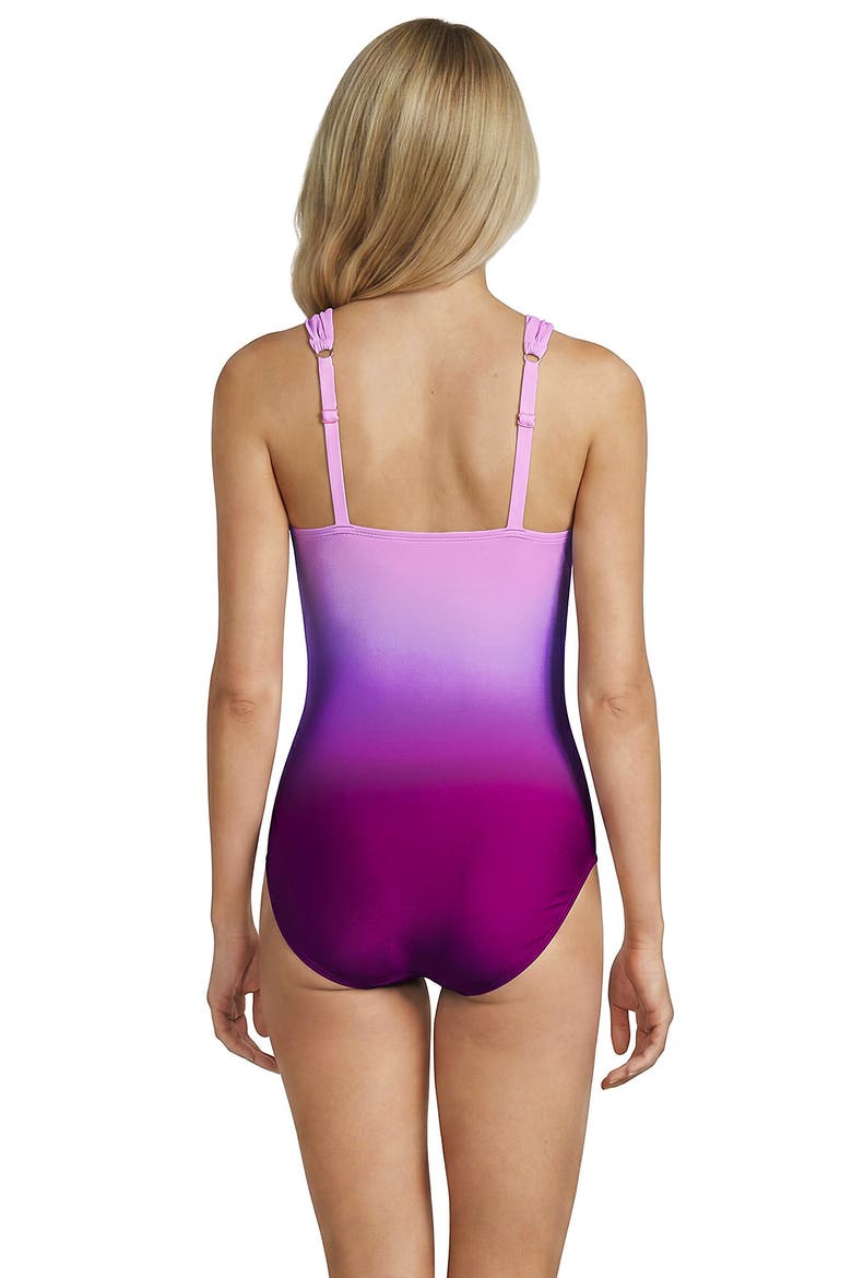 D-Cup New SlenderSuit Grecian Adjustable Low Leg One Piece, Alternate, color, Crimson Rose/Purple Ombre