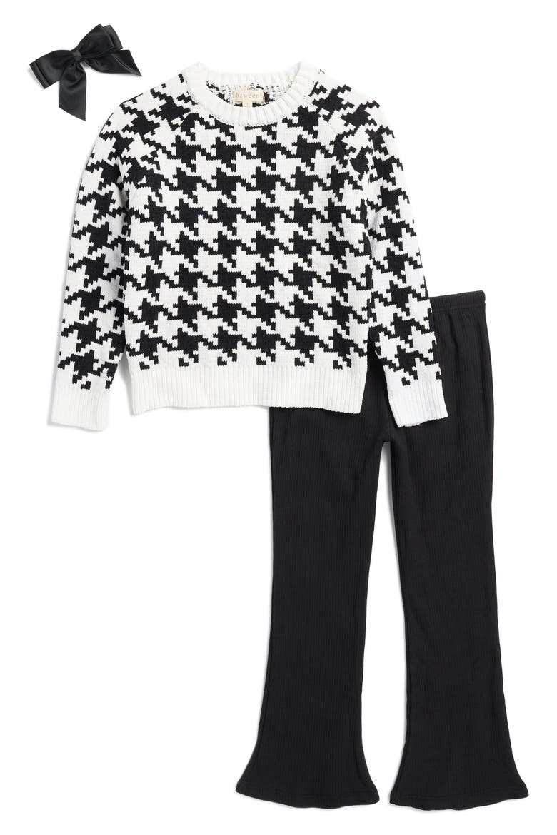 Kids' Matte Chenille Sweater, Flare Leggings & Bow Set, Main, color, BLACK/WHITE
