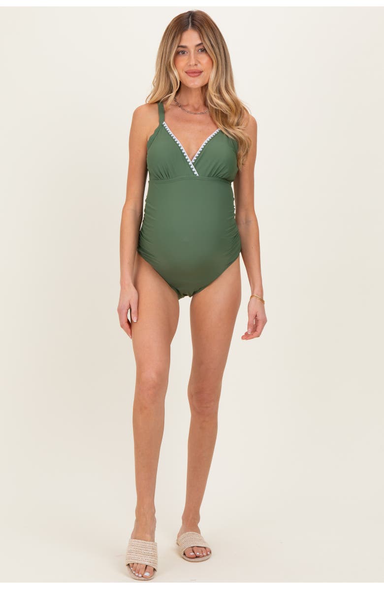PinkBlush Embroidered V-Neck Maternity One Piece Swimsuit, Alternate, color, Light Olive