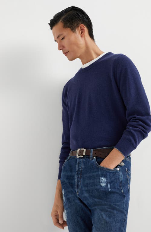 Brunello Cucinelli Cashmere Crewneck Sweater With Ribbed Finish In Azure