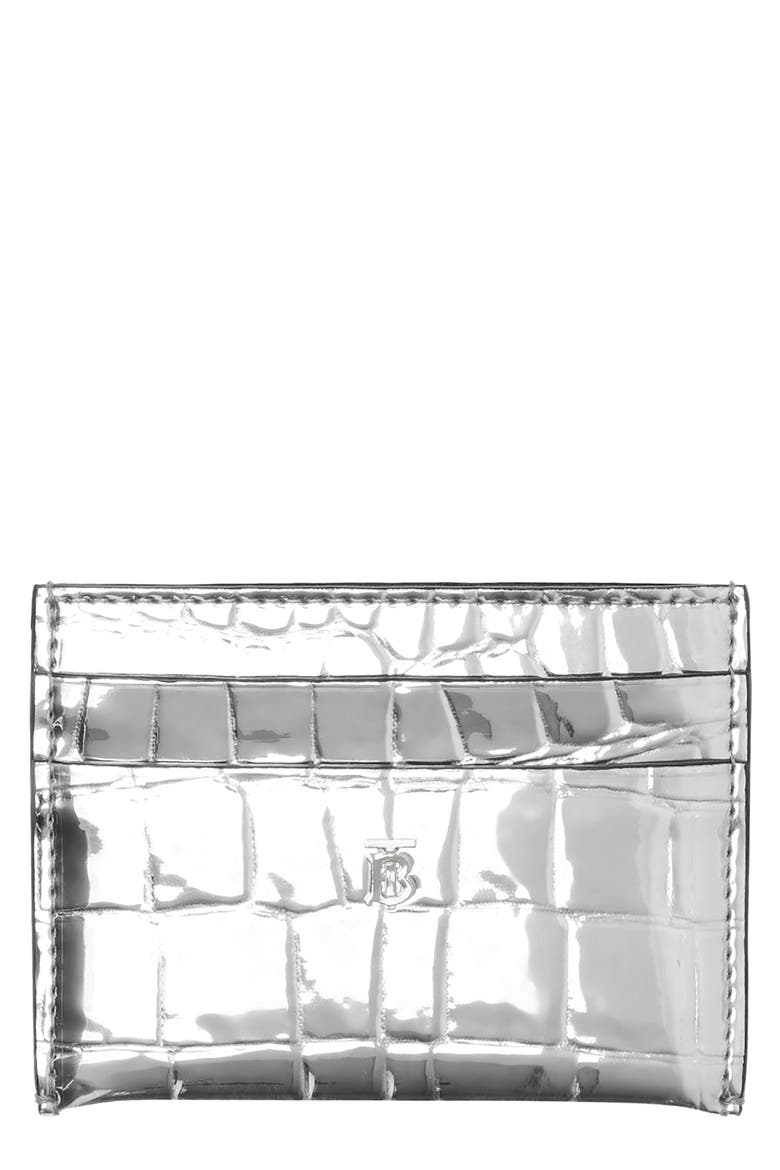 Sandon Metallic Croc Embossed Faux Leather Card Holder, Main, color, SILVER