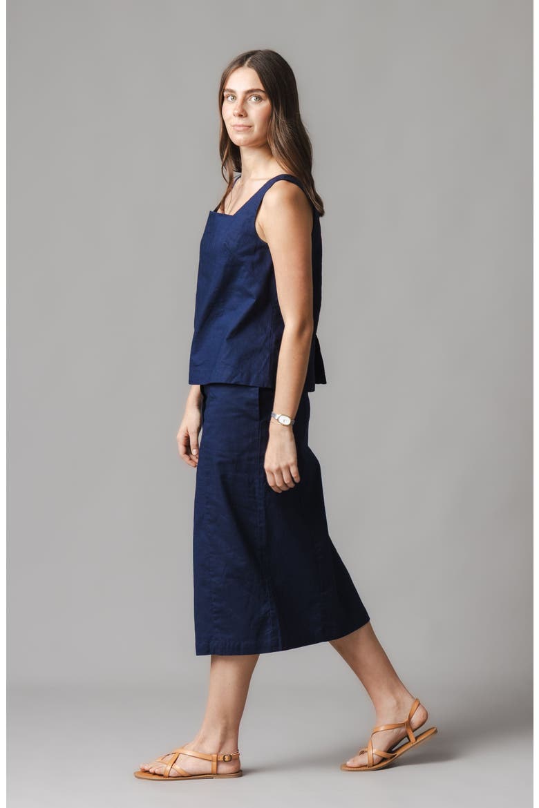 Linen Button Front Skirt, Alternate, color, Navy Linen