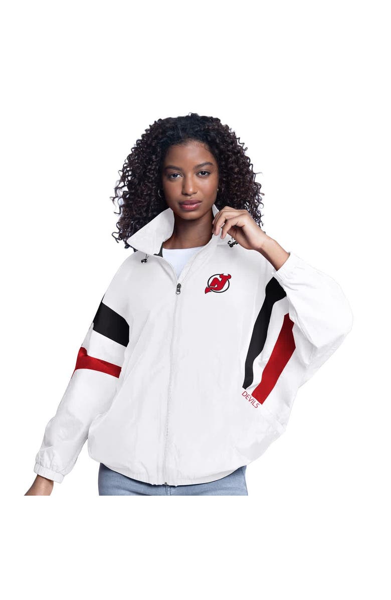 G-III SPORTS BY CARL BANKS Women's G-III Sports by Carl Banks White New Jersey Devils Game News Oversized Full-Zip Hoodie Jacket, Alternate, color,