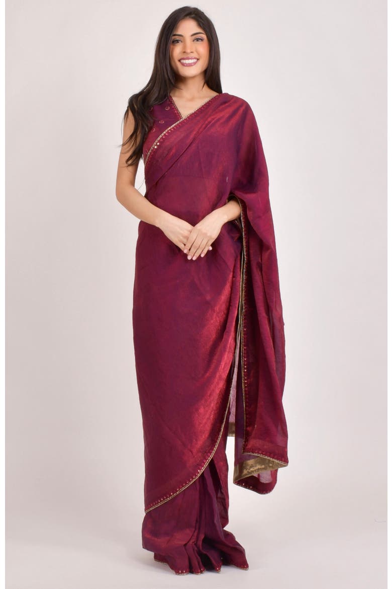 Rubina Hand Embroidered Shimmer Saree, Alternate, color, Burgundy