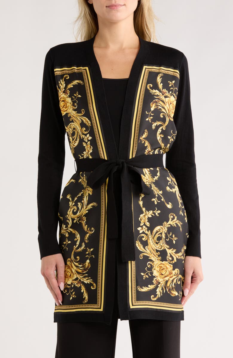 L'AGENCE Beverly Self Tie Longline Cardigan, Main, color, Blk/Gld Barocco Swirl Lng Scrf