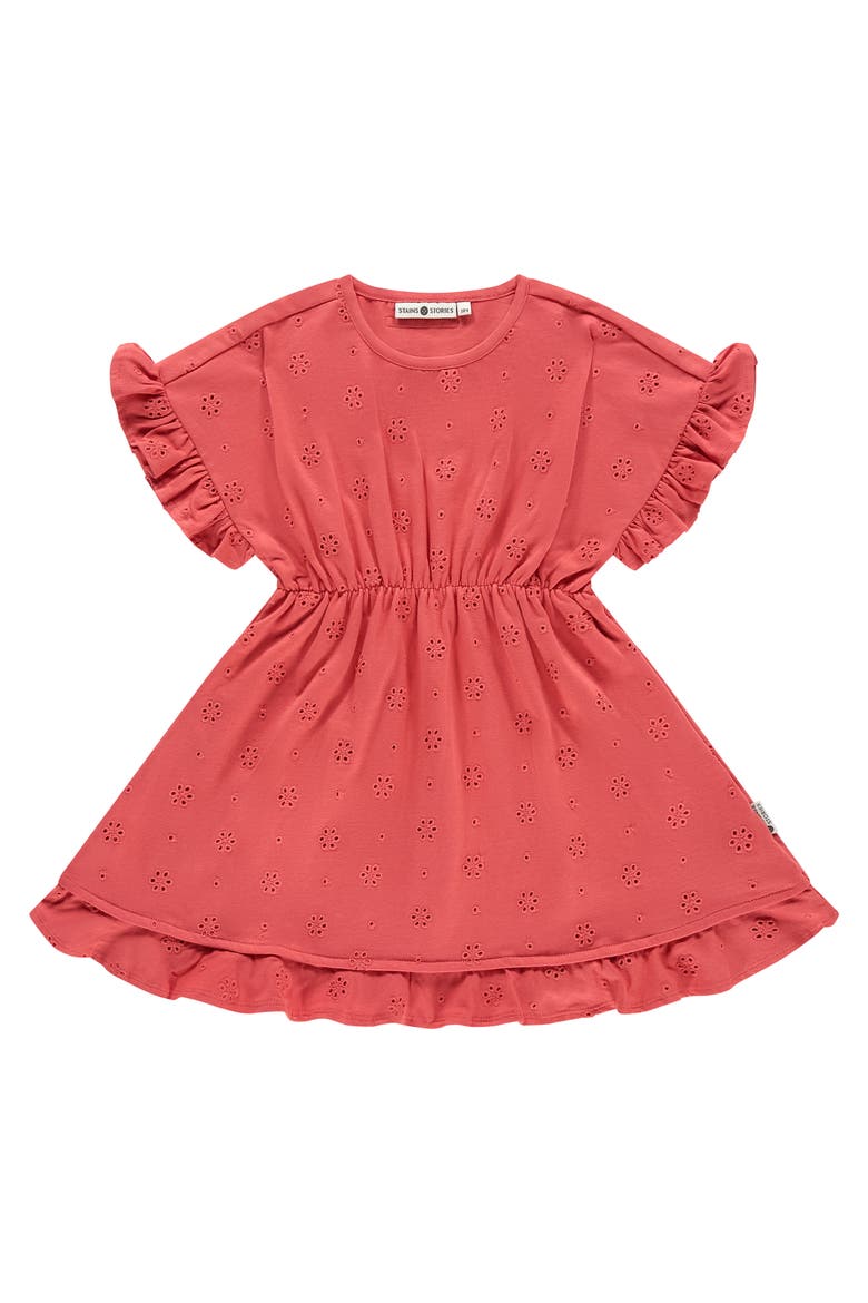 Eyelet Cinched Waist Short Sleeve Dress, Main, color, Scarlet