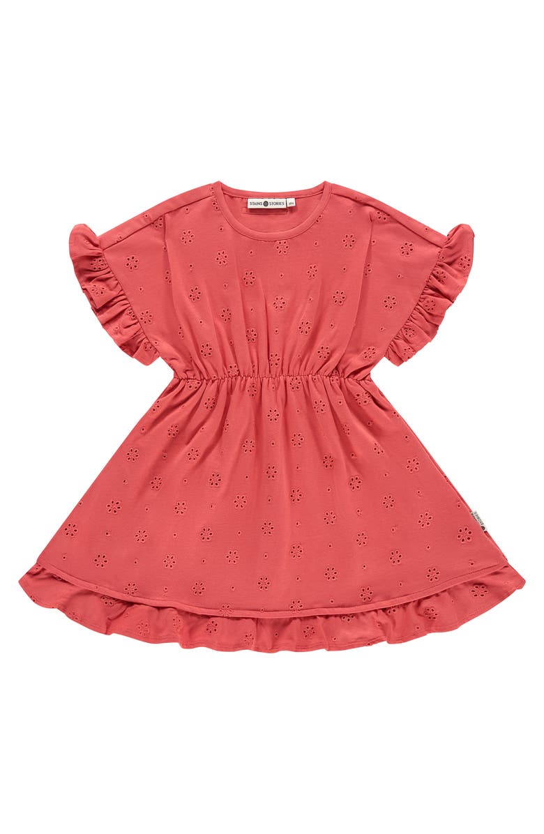 Stains and Stories by Babyface Eyelet Cinched Waist Short Sleeve Dress, Main, color, Scarlet