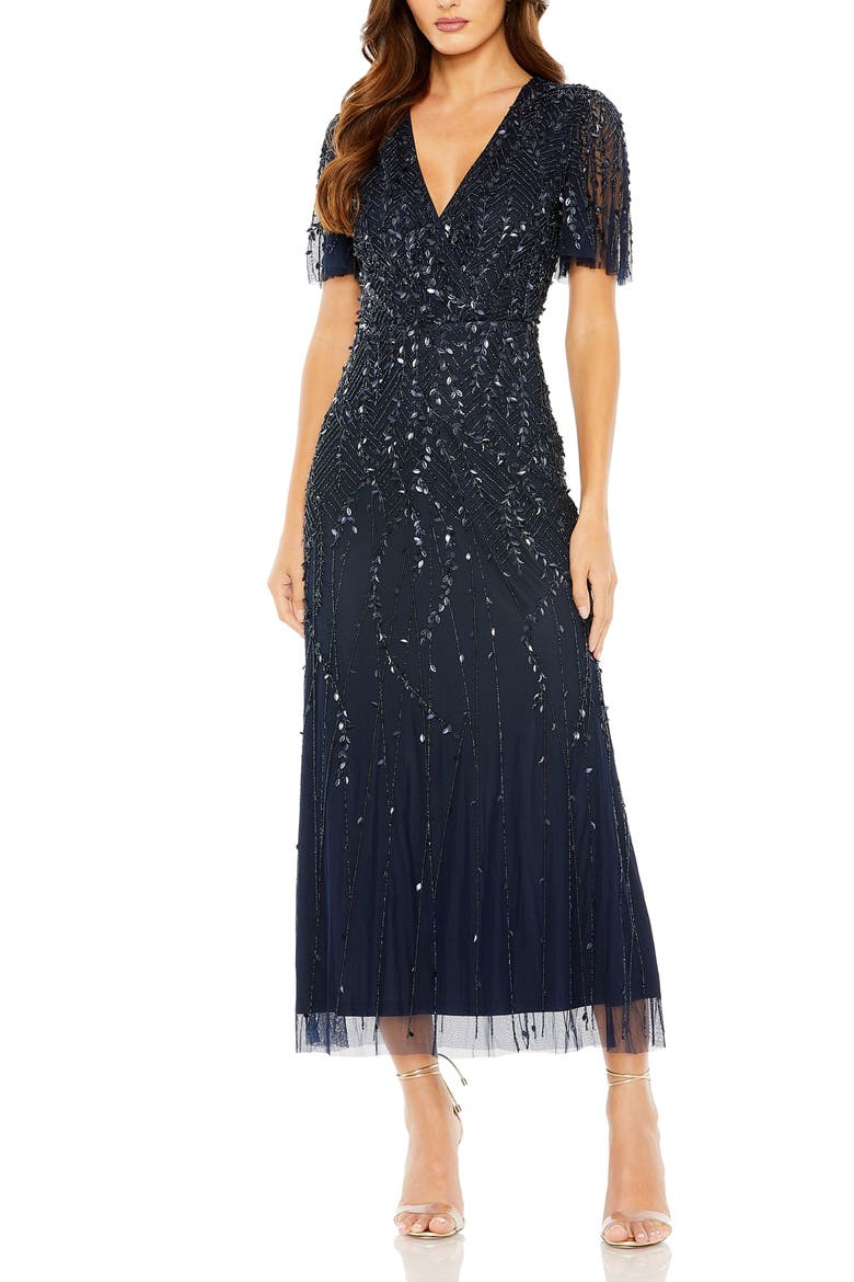 Beaded Wrap Over Butterfly Sleeve Dress, Main, color, Midnight