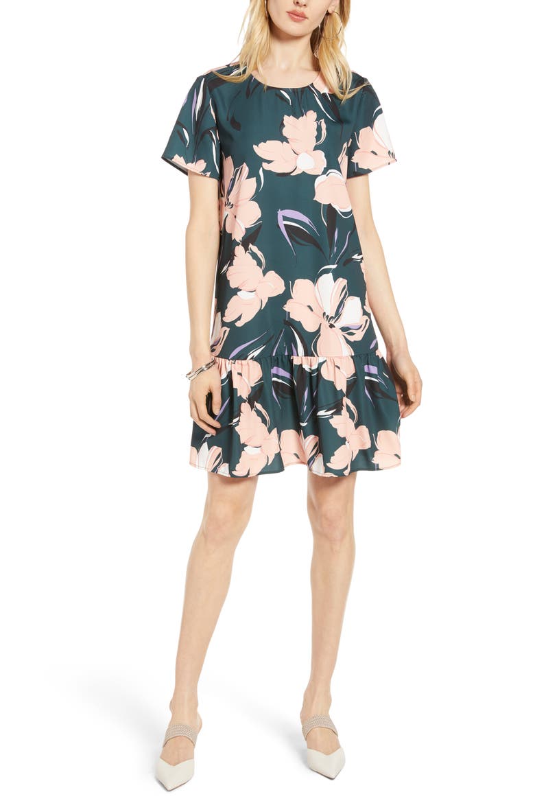 Short Sleeve Ruffle Hem Dress, Main, color, GREEN FLORAL