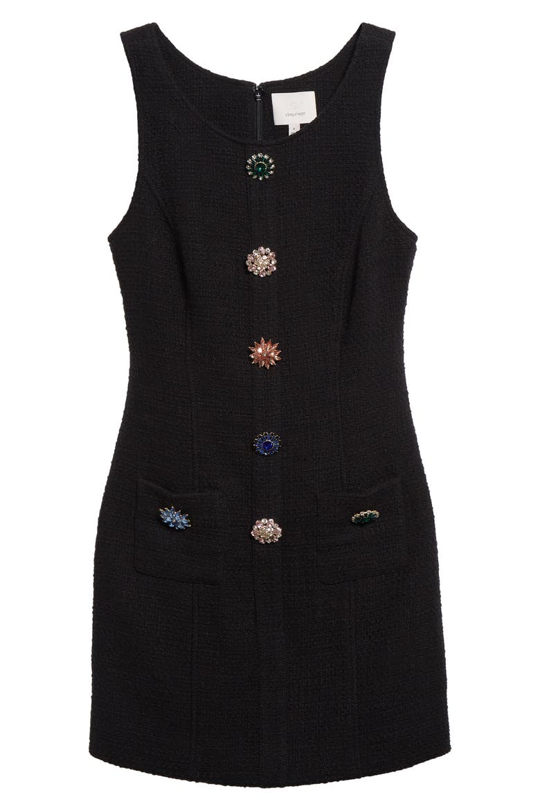 Randi Crystal Button Cotton Tweed Sheath Dress, Alternate, color, BLACK