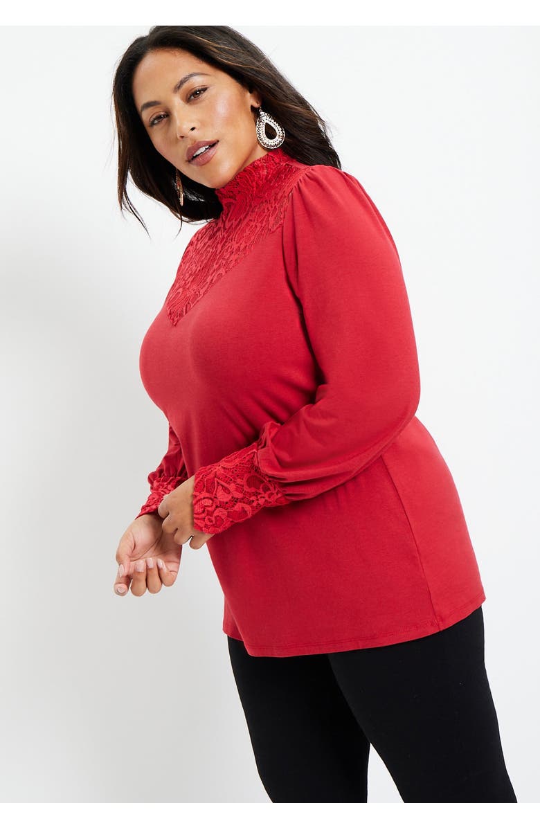 June + Vie Lace Yoke Mockneck Top, Alternate, color, Classic Red