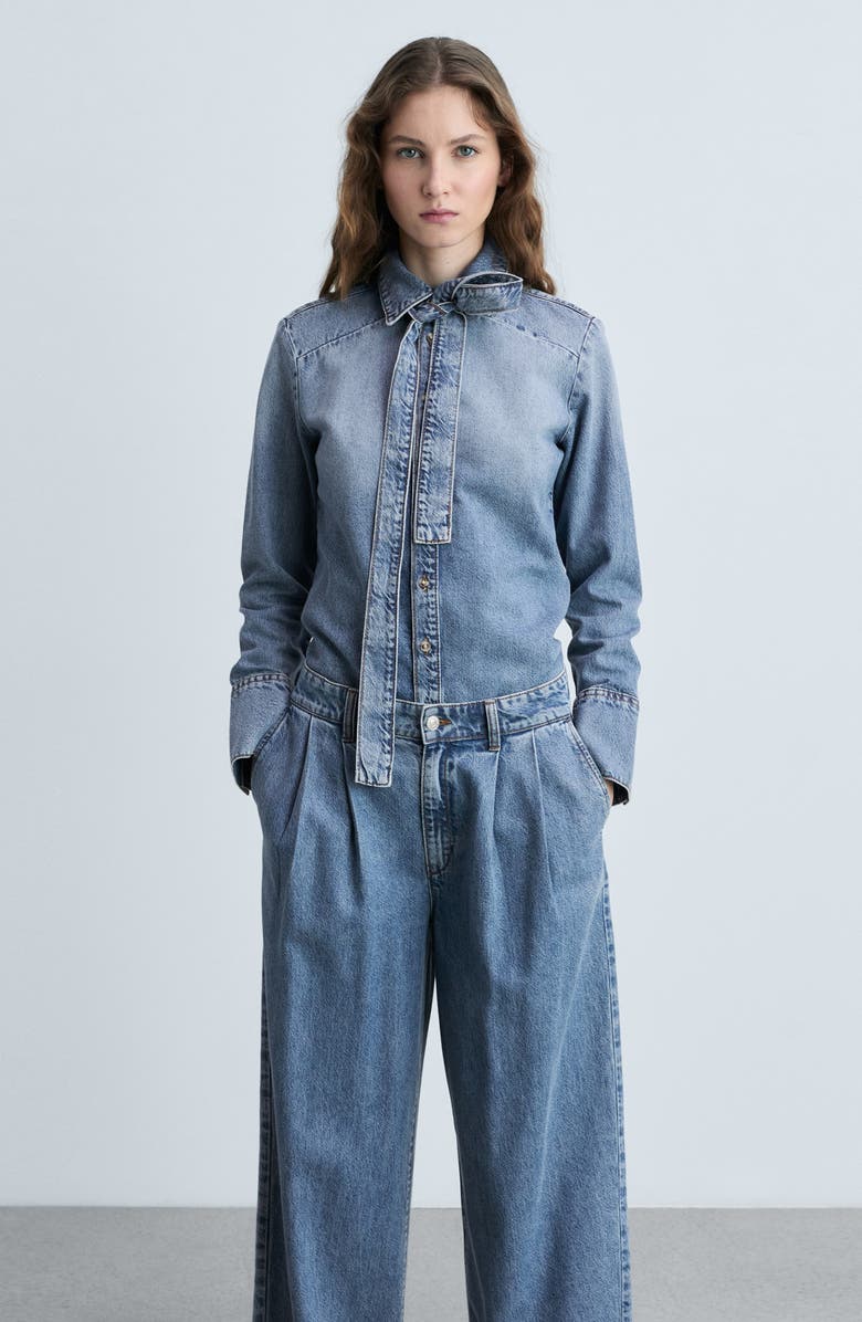 MANGO Pleated High Waist Wide Leg Jeans, Alternate, color, Medium Blue