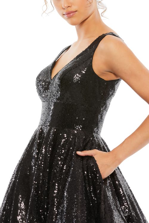 Mac Duggal Short Sequin Fit-and-flare Dress In Noir Sequin