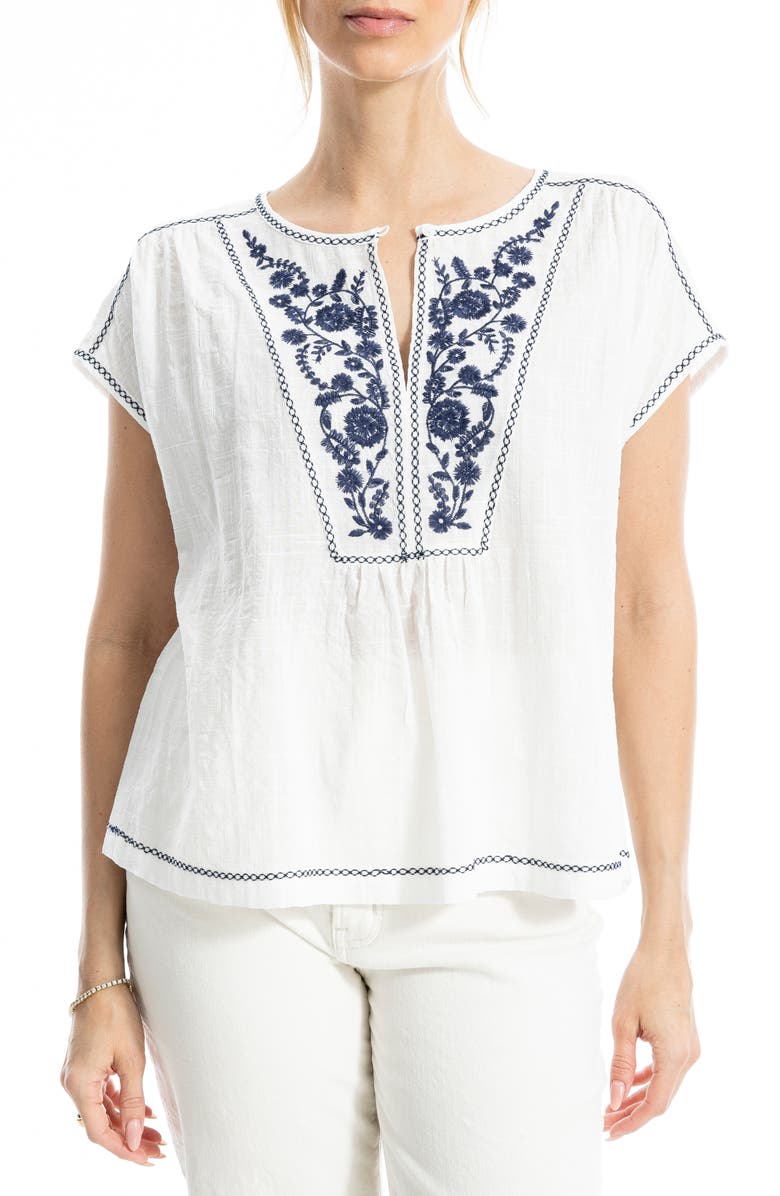MAX STUDIO Embroidered Short Sleeve Cotton Blend Top, Main, color, White/ Navy Edgy Blooms