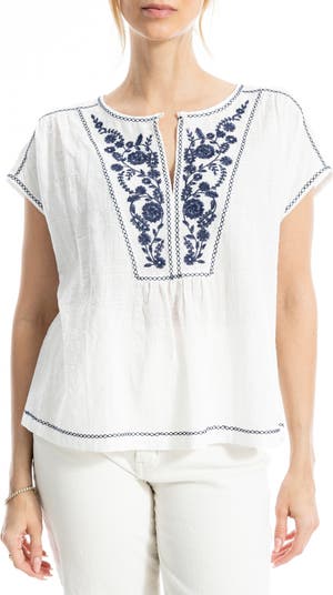 Embroidered Short Sleeve Cotton Blend Top