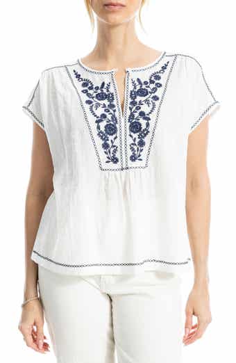 MAX STUDIO Embroidered Short Sleeve Cotton Blend Top