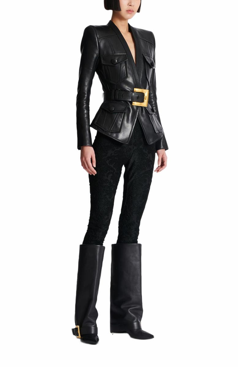 Balmain 1-Button Belted Leather Jacket, Main, color, Black