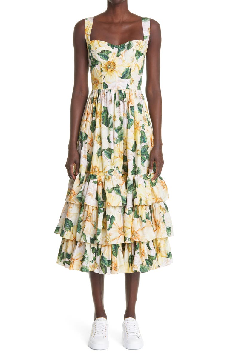Dolce&Gabbana Camellia Print Cotton Poplin Midi Dress, Main, color,