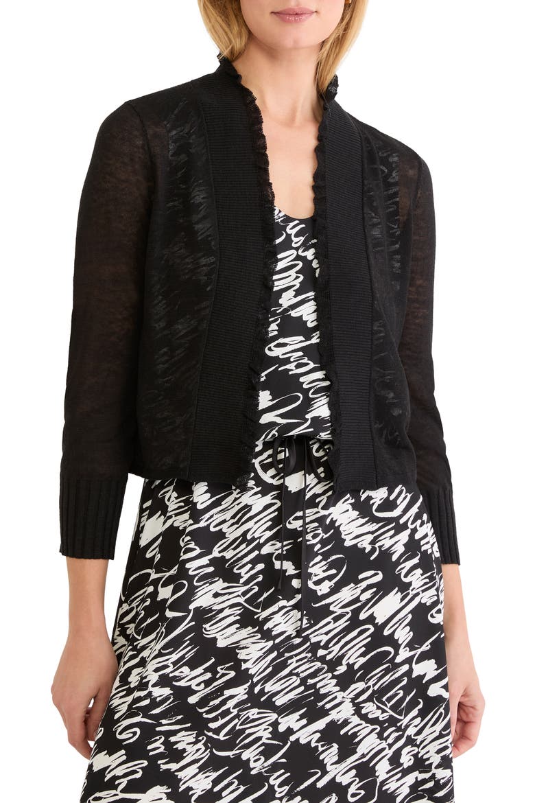 Ruffle Featherweight Linen Blend Cardigan, Main, color, BLACK ONYX
