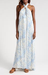 Elan Stripe Cover-Up Halter Maxi Dress