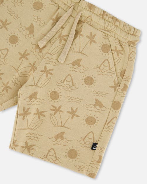Shop Deux Par Deux Boy's Printed French Terry Short Beige With Palm Trees
