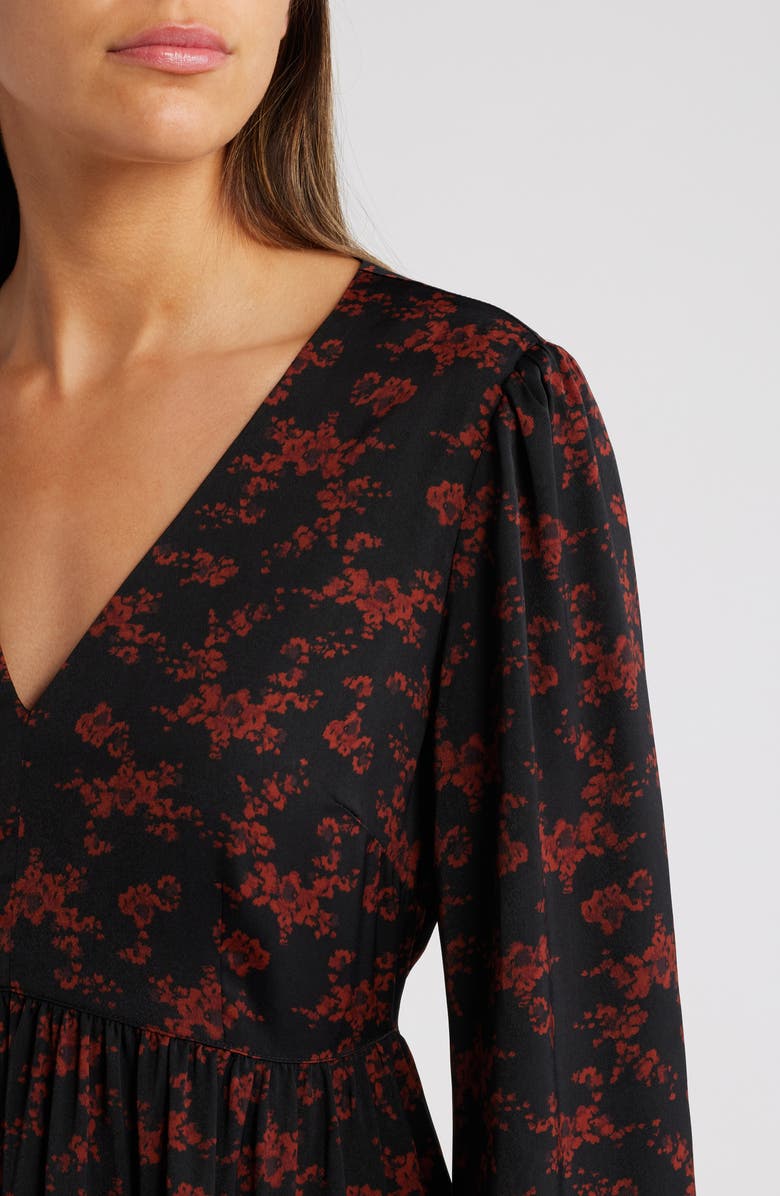 Treasure & Bond V-Neck Long Sleeve Satin Minidress, Alternate, color, Black- Rust H Abstract Bouquet
