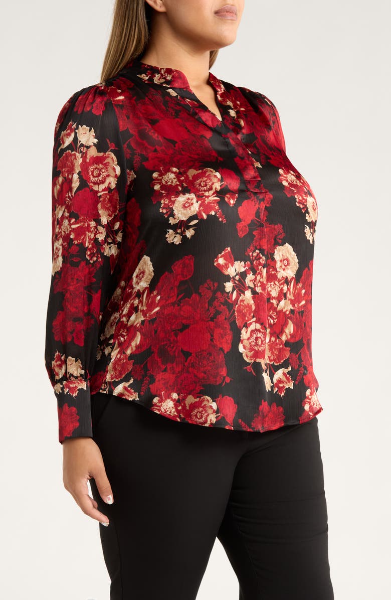 Anne Klein Pleated Print Split Neck Top, Alternate, color, Anne Black Multi