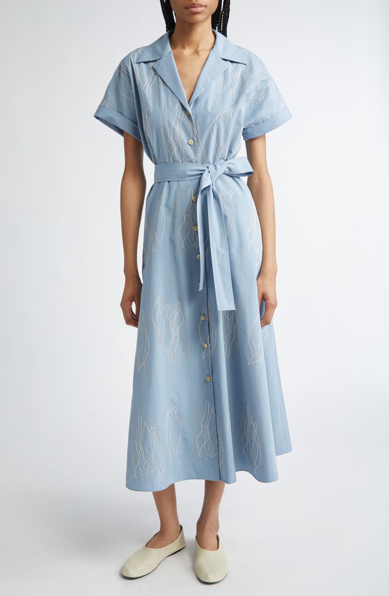 Lafayette 148 New York Gestures Embroidered Cotton Belted Shirtdress, Main, color, 