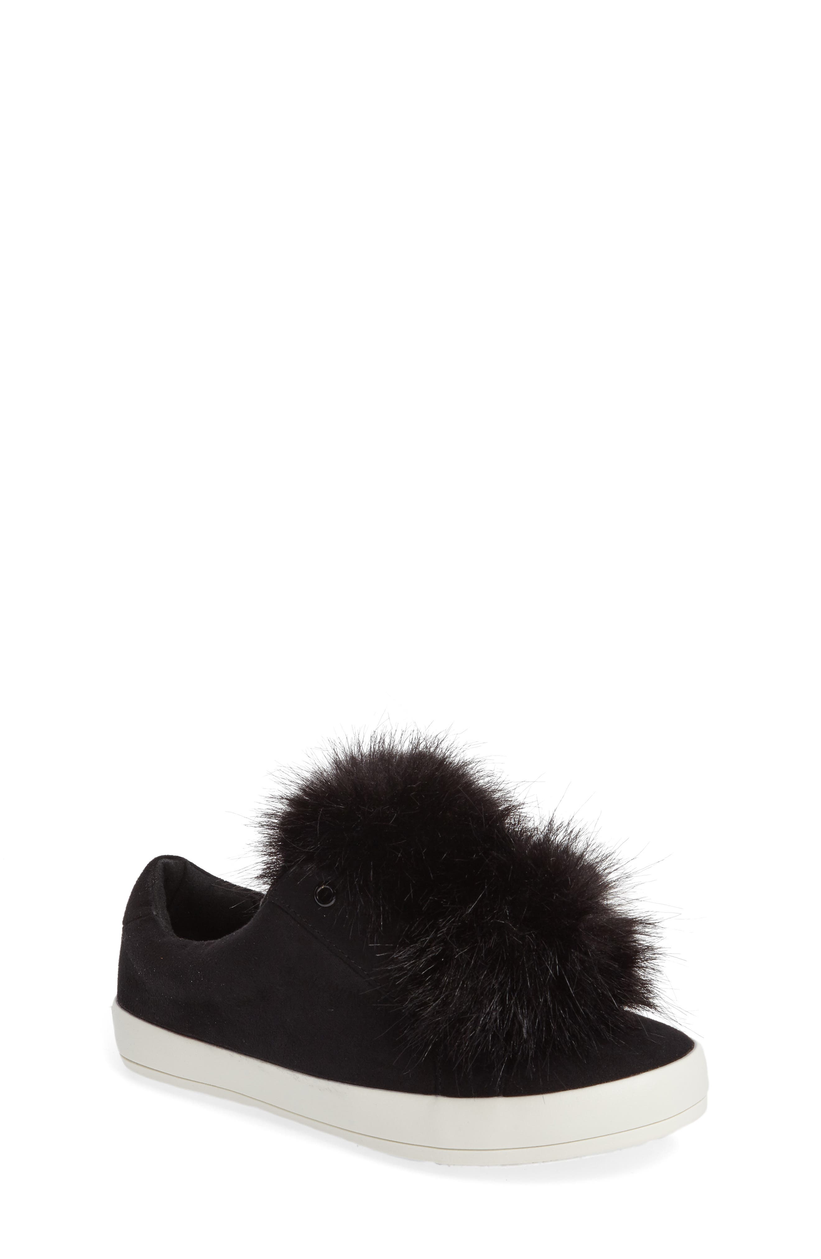 Cynthia Leya Faux Fur Pompom Slip-On Sneaker, Main, color, BLACK FAUX LEATHER