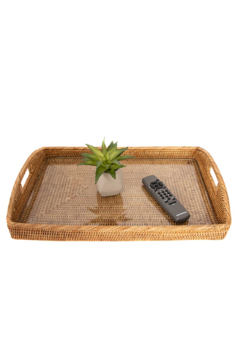 Rectangular Rattan Tray with Glass Insert, Alternate, color, White Wash
