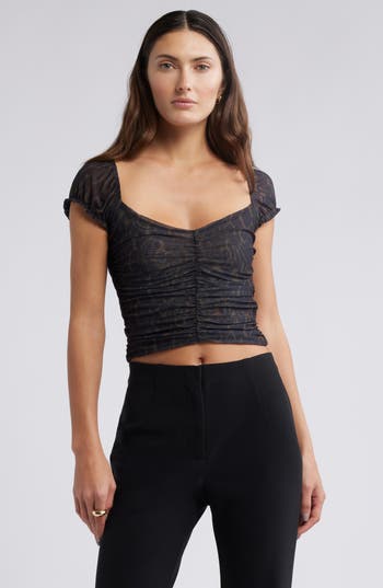 Open Edit Mesh Ruched Top In Black