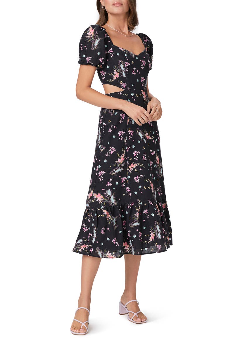 Linh Floral Cutout Puff Sleeve Linen & Cotton Sundress, Main, color, BLK MLTI