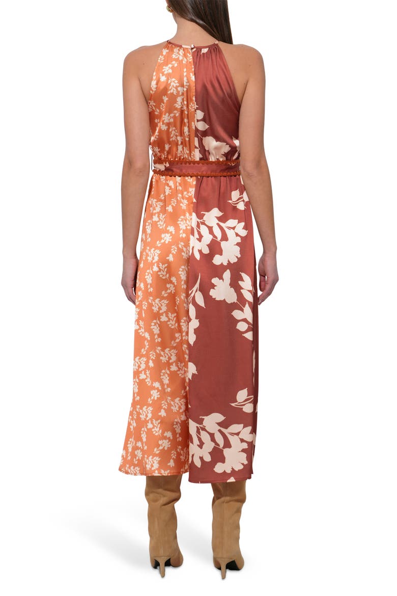 Sandi Two-Tone Mixed Floral Print Satin Dress, Alternate, color, MARIGOLD/ BROWN