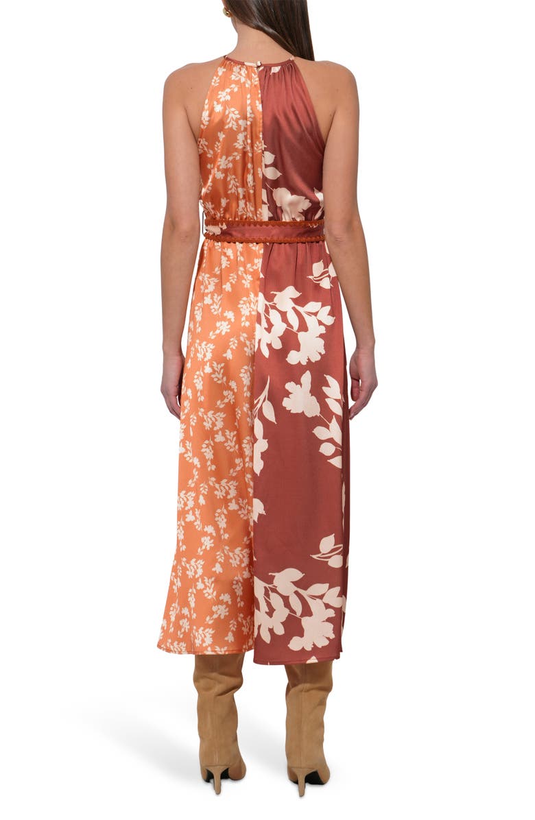 Adelyn Rae Sandi Two-Tone Mixed Floral Print Satin Dress, Alternate, color, Marigold/ Brown