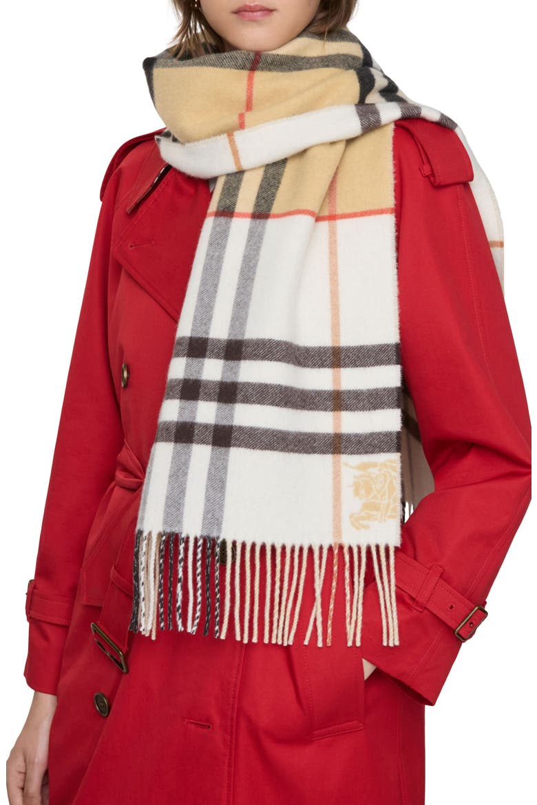 Jacquard Check Double Face Cashmere Fringe Scarf, Alternate, color, SAND/ PEBBLE WHITE