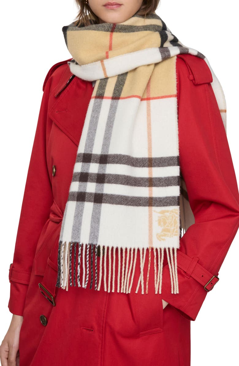 Burberry Jacquard Check Double Face Cashmere Fringe Scarf, Alternate, color, Sand/ Pebble White
