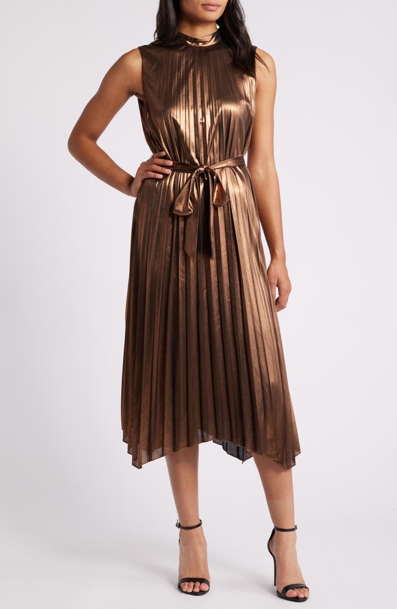 Tahari ASL Pleated Satin Mock Neck Tie Waist Dress, Main, color,