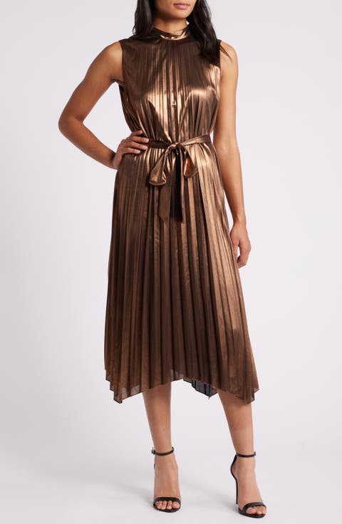 Pleated Satin Mock Neck Tie Waist Dress