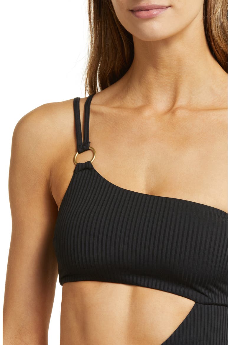 Cosmo Cutout One-Shoulder Rib One-Piece Swimsuit, Alternate, color, BLACK ECORIB